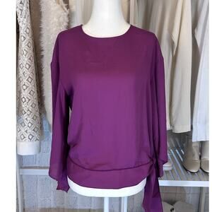 Worthington Womens Sz XS Purple Flared Asymmetric Sleeve Tie Waist Blouse #0022